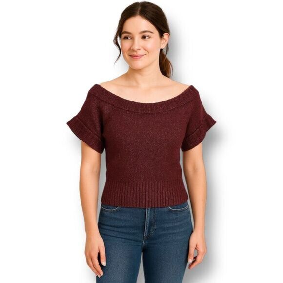 Hollister M Maroon Wool Blend Sweater Cropped Knit Boat Neck Short Sleeve Top - Picture 1 of 12